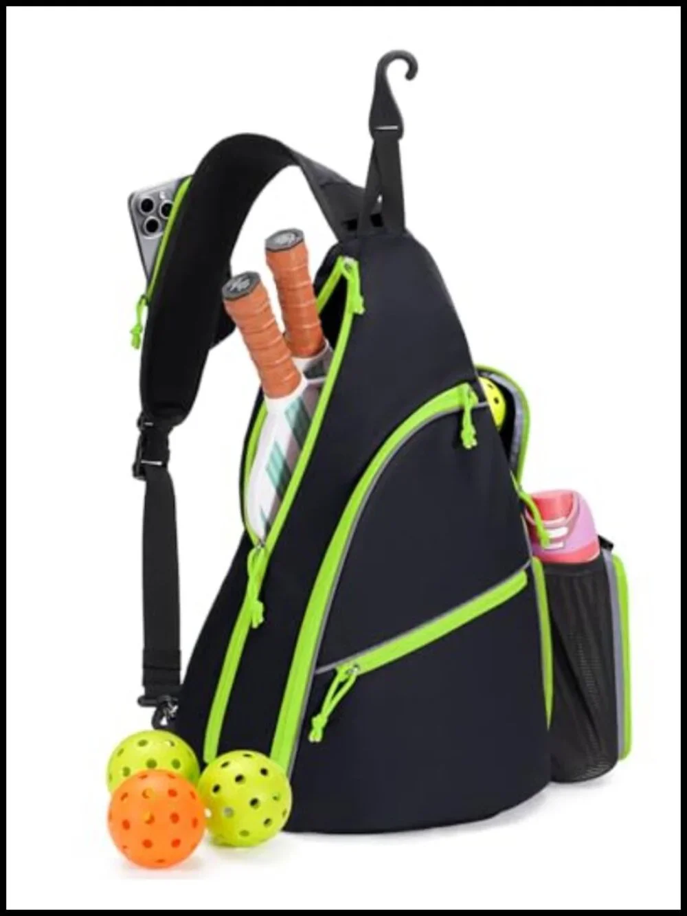 Pickleball Sling Bag with Paddle & Ball Compartments, Fence Hook,